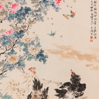 Wang Xuetao (1903-1982): 'Des coqs auprès d'un arbuste de pivoines', encre et couleurs sur papier