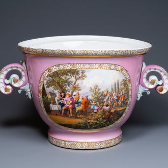 A large German porcelain jardinière with a harbour scene and a merrrymaking scene, probably Dresden, 19th C.