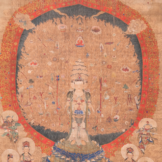 Chinese school: 'The 33-headed Avalokitesvara', ink and colour on silk, Qing