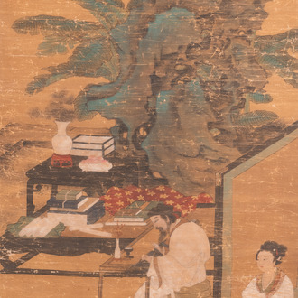 Chinese school: 'Een wijze en zijn vrouw in een tuin', inkt en kleur op zijde, Ming of later