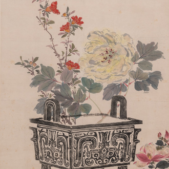 Wang Xuetao (1903-1982): 'Ding censer with flowers', ink and colour on paper