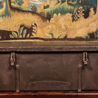 An iron chest with wooden interior, 18th C.