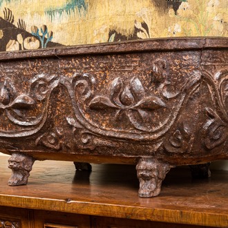 A large Chinese cast iron jardinière on four lion feet, 19th C.