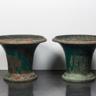 A pair of green-painted cast iron jardinières, 19th C.