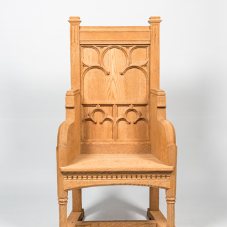 A French Gothic Revival white oak wooden armchair, 20th C.