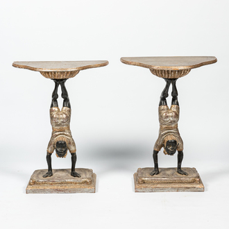 A pair of Venetian polychrome wooden 'blackamoor' consoles, 19th C.