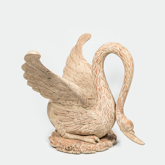 A large patinated wooden swan, 20th C.