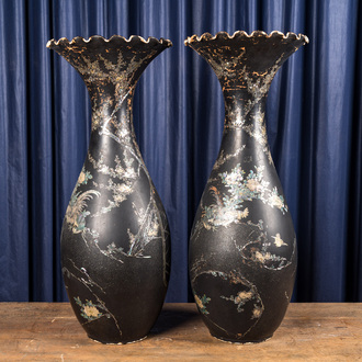 A pair of large mother-of-pearl-inlaid black-lacquered Japanese vases with fan-shaped rims, Meiji, 19th C.