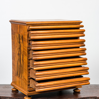 A table- or coin cabinet in burr walnut veneer, 19th C.
