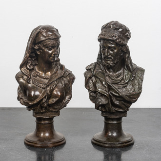 A pair of patinated bronze oriental subject busts, 19th C.