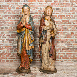 Two large polychromed and gilt walnut wooden figures of Mary and John the Baptist, Southern France or Northern Italy, late 15th C.