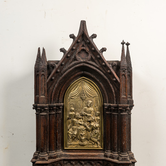 A French oak Gothic Revival tabernacle with gilt bronze plaque, inscribed and dated 1872