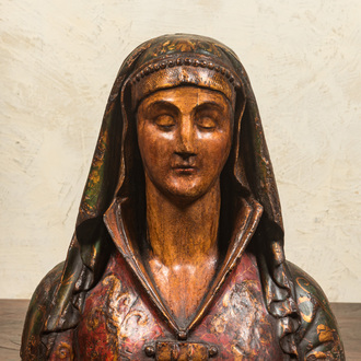 A French Gothic Revival polychrome wooden lady's bust, 19th C.