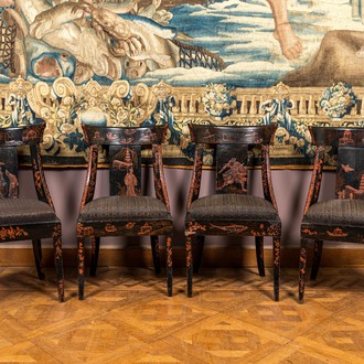 Four red-on-black painted wooden chinoiserie chairs, 19th C.