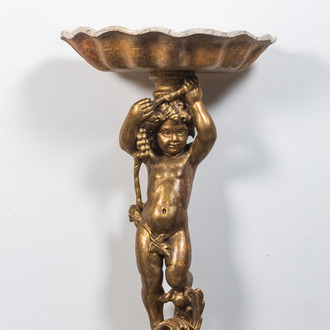 A faux marbre basin on gilt wooden putto stand, Italy, 19th C.