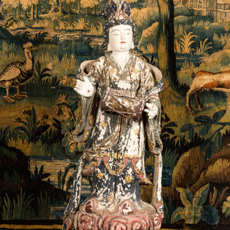 A large Chinese polychrome wooden sculpture of Guanyin, 20th C.