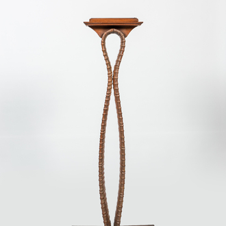 A faux-bamboo carved wooden lamp stand, 1st half 20th C.