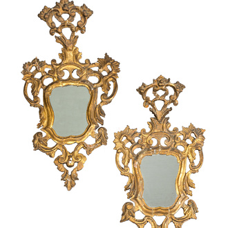 A pair of Italian Louis XV-style gilt and open worked wooden wall mirrors, 18th C.