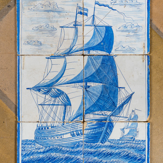 A six-piece Dutch Delft blue and white tile mural with a two-master, 19th C.