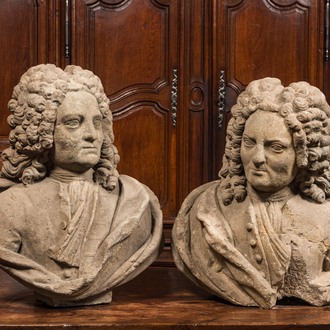 A pair of French stone busts of noblemen, 18th C.