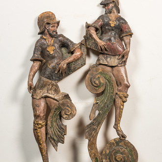 Two polychrome and gilt wooden soldiers from a retable support, late 16th C.