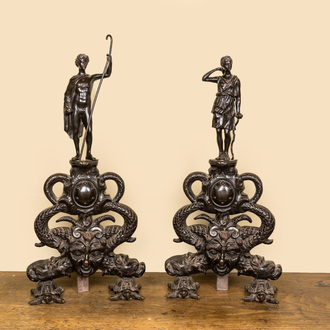 A pair of patinated bronze andirons with Greek gods, 19th C.