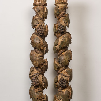 A pair of polychrome wooden 'grapevine' columns, France or Italy, 18/19th C.