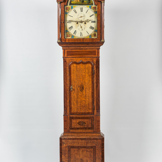 An inlaid wooden longcase clock, probably Scotland, 19th C.