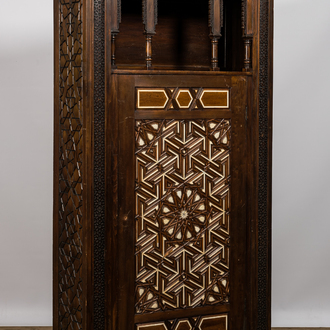 A wooden one door cupboard with islamic style bone-inlaid geometrical pattern, Northern Africa, 19/20th C.