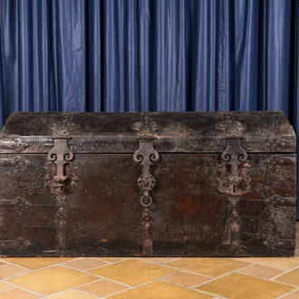A German iron-mounted leather-clad wooden coffer, 17th C.