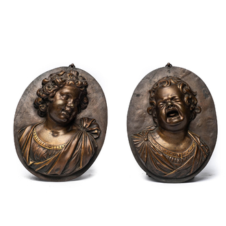 After Louis-François Roubiliac (1702/05-1762): A pair of bronze plaques depicting 'The laughing child' and 'The crying child', 19th C.