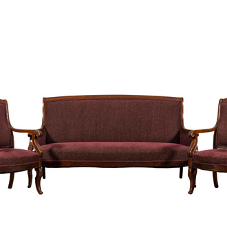 A mahogany Directoire style salon consisting of a sofa and two armchairs, ca. 1900