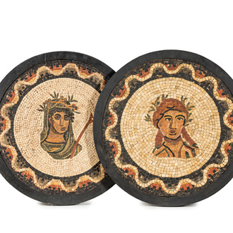 A pair of probably Sicilian round mosaics with goddesses, 20th C.