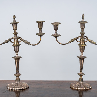 A pair of silver-plated three-light candlesticks, 20th C.
