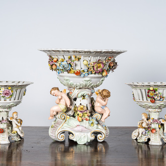 Three reticulated porcelain footed baskets with putti, Plaue Schierholz, Germany, early 20th C.