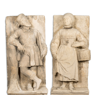 A pair of French stone carvings depicting a man and a woman, Loire Valley, late 16th C.