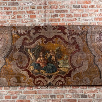 A Flemish painted leather panel depicting 'The Rest on the Flight into Egypt', 17th C.