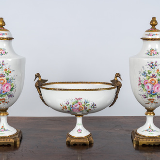 A French Limoges porcelain three-piece garniture with floral and gilt design, 20th C.