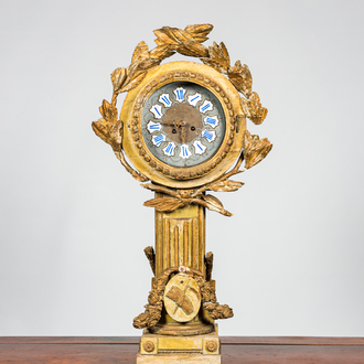 A French polychromed and gilt wooden portico clock on column with harvest design, 18th C. and later
