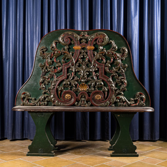 A Dutch polychromed and gilt carved wooden hall bench, probably Amsterdam, ca. 1800