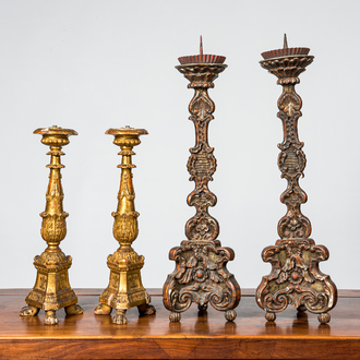 Two pairs of polychromed and gilt wooden candlesticks, France and Italy, 18/19th C.
