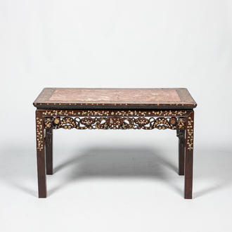 A Chinese marble top and mother-of-pearl inlay side table, 19th C.