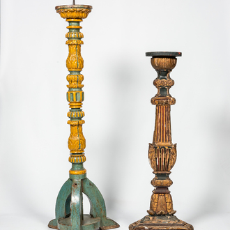 A polychromed wooden 'torchère' and a large candlestick, 18th and 19th C.