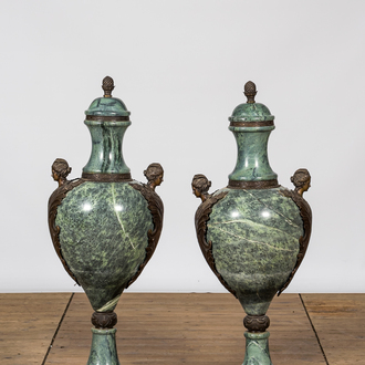 A pair of large bronze-mounted green marble vases and covers, France, 19th C.