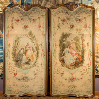 A pair of large Aubusson tapestry panels in wooden rocaille frames, 19th C.