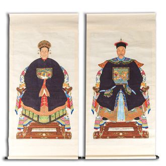 Chinese school, ink and colour on paper: 'Pair of ancestor portraits', ca. 1900