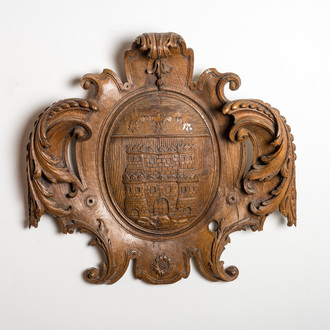 A large wooden relief with the arms of the city of Tournus, France, 18th C.