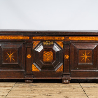 An imposing oak wooden linen coffer with marquetry, personalized inscription and date 1778, 18th C.