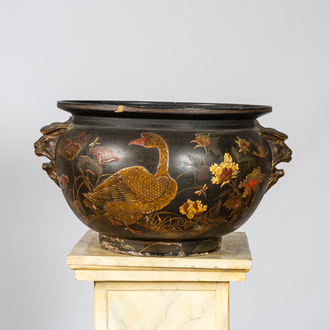 A large Japanese lacquered and gilt pottery jardinière, Meiji, 19th C.