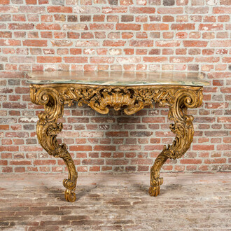 A gilt wooden console with green marble top, 18th C.